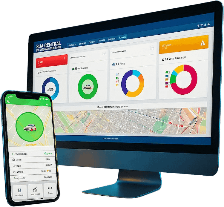 Dashboard da plataforma de rastreamento Intertrack exibido em desktop e smartphone com mapa em tempo real